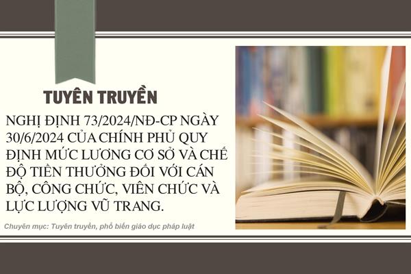 Tuyên truyền Nghị định 73/2024/NĐ-CP ngày 30/6/2024 của Chính phủ quy định mức lương cơ sở và chế độ tiền thưởng đối với cán bộ, công chức, viên chức và lực lượng vũ trang.